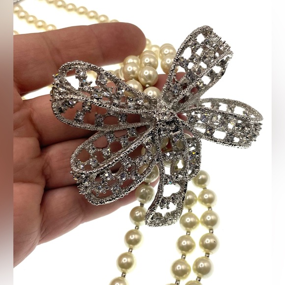 Vintage Signed Scaasi Pearl Necklace Crystal Bow Bold Statement Piece 80s 90s - Picture 6 of 10